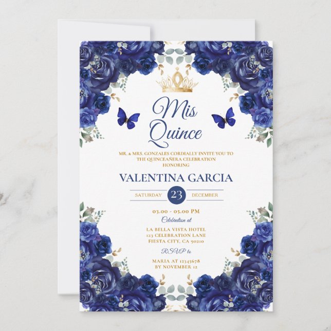 Invitation Girl Blue Quinceañera 15 Anos Flowers Gold Crown (Devant)
