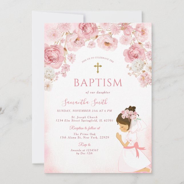 Invitation Girl Blush Pink Bow Floral Cross Girl Baptism (Devant)