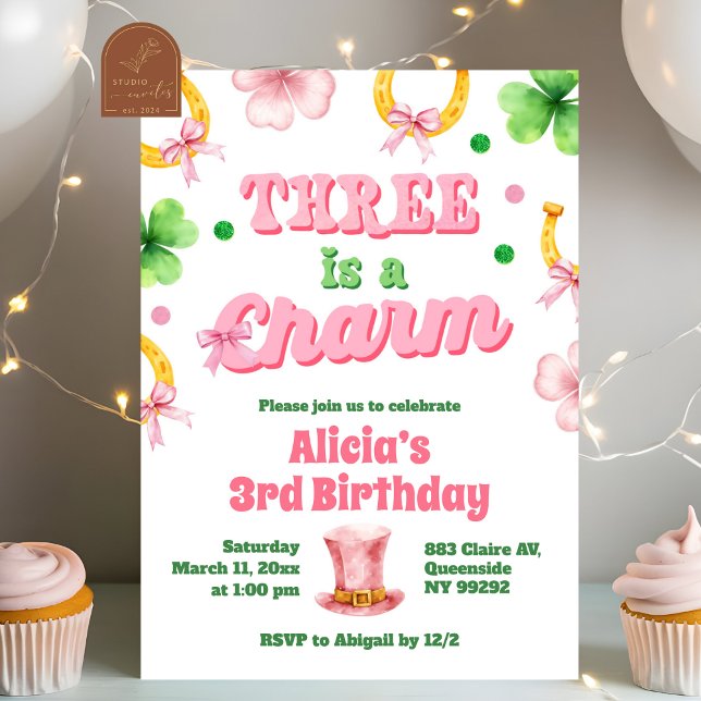 Invitation Girl Bow Glitter three is a charm St Patrick (Créateur téléchargé)