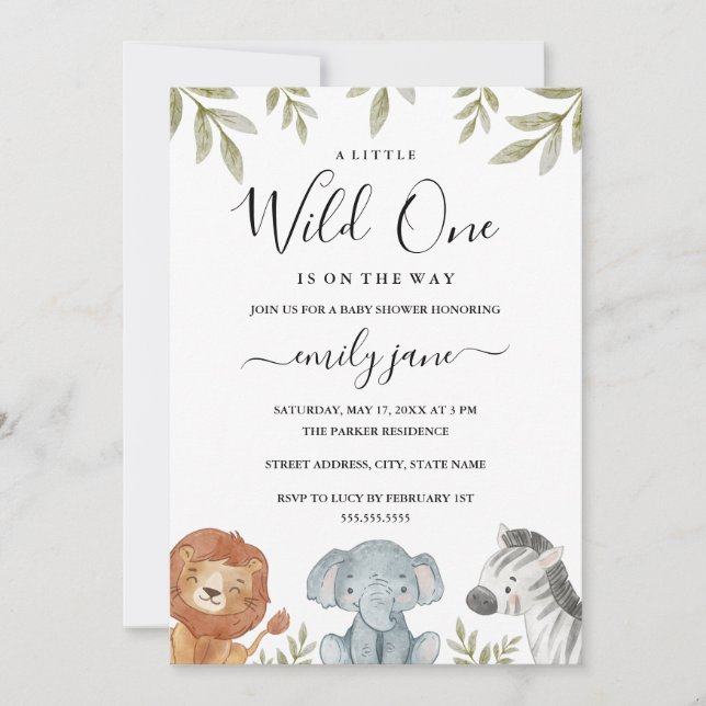 Invitation Girl Boy Safari mignon Animaux Baby shower (Devant)
