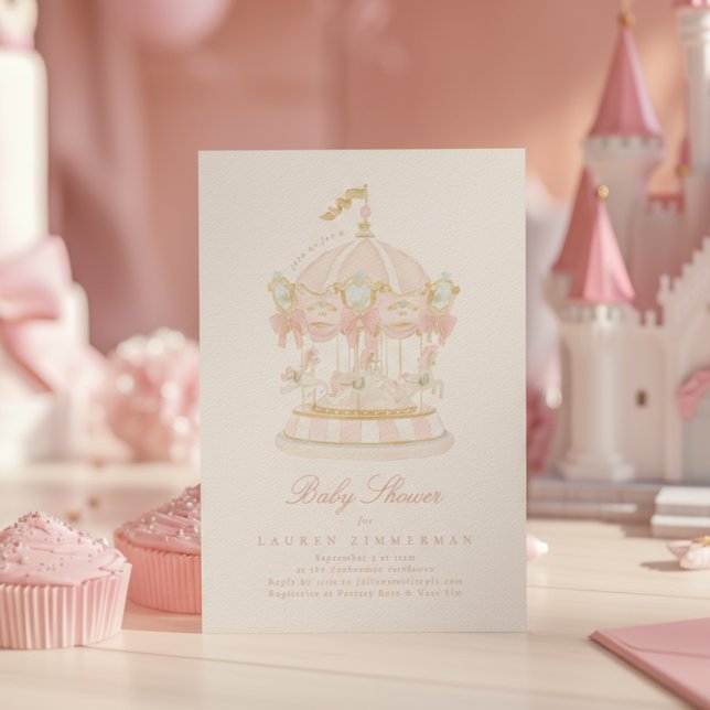Invitation Girl Carousel Fairytale Bows Pink Baby Shower (Créateur téléchargé)