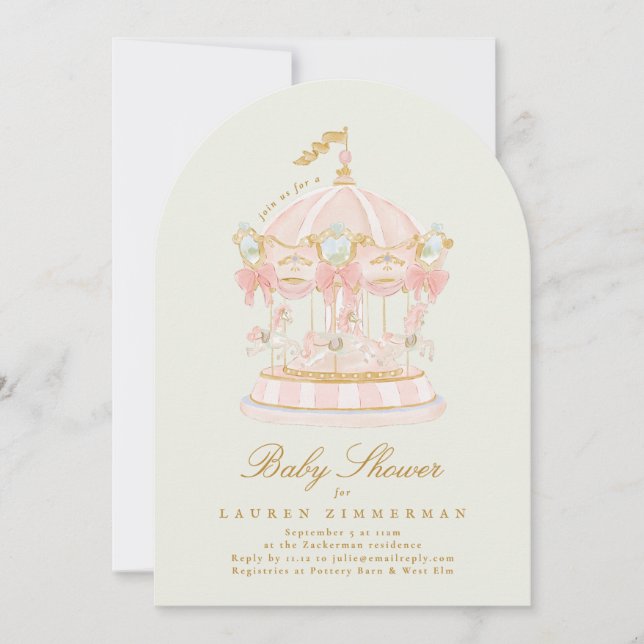 Invitation Girl Carousel Fairytale Sage Arch Baby Shower (Devant)