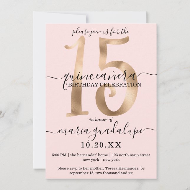 Invitation Girl Chic Faux Or Blush Pink Quinceañera (Devant)