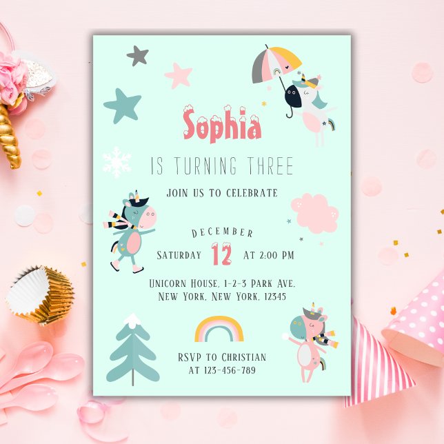 Invitation Girl Cute Unicorn fête d'anniversaire (Girl Unicorn Birthday Party Winter Party)
