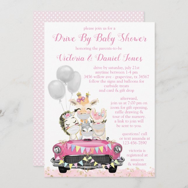 Invitation Girl Drive By Baby shower Animaux mignons en voitu (Devant / Derrière)
