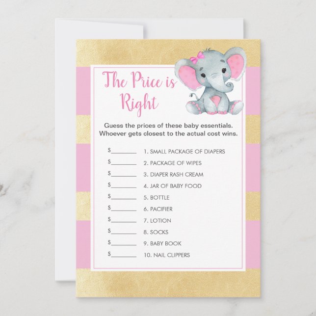 Invitation Girl Elephant Guess the Price Baby shower Jeu (Devant)