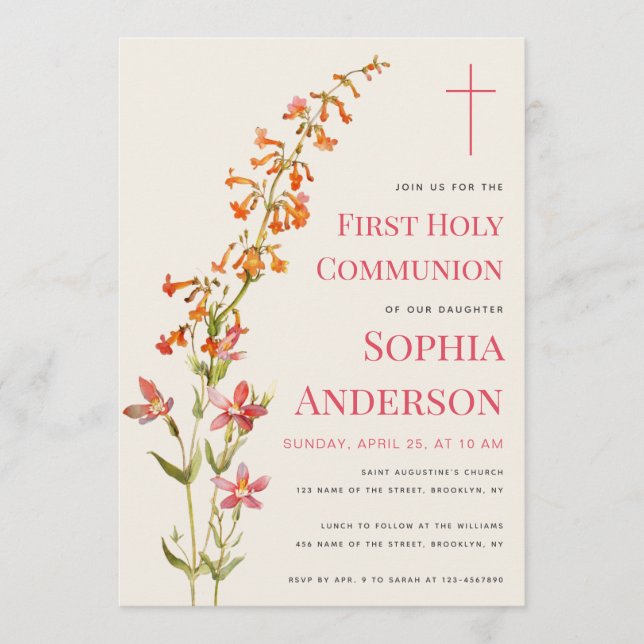 Invitation Girl First Communion Floral Watercolor Wildflowers (Devant)