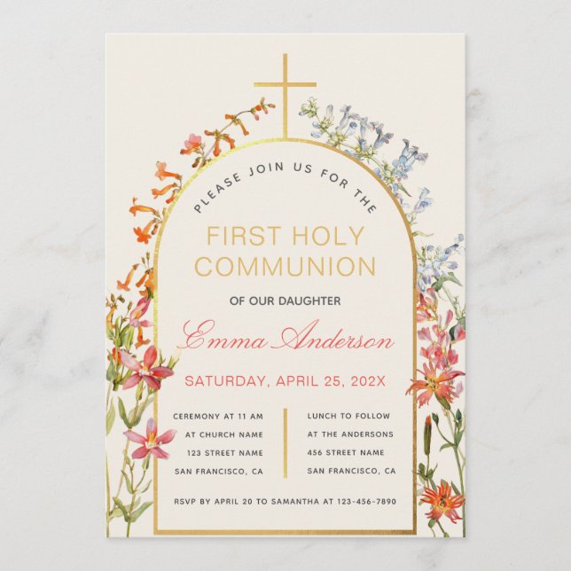 Invitation Girl First Communion Wildflowers Gold Arch Floral  (Devant)