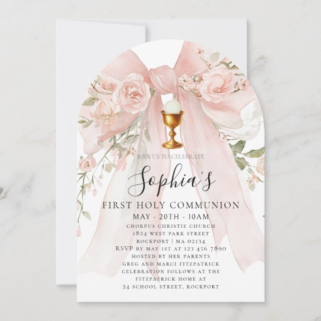 Invitation Girl First Holy Communion Pink Bow Roses Arch (Devant)
