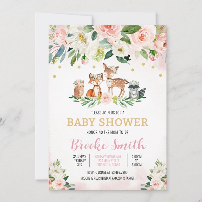 Invitation Girl Floral Woodland Baby Shower (Devant)