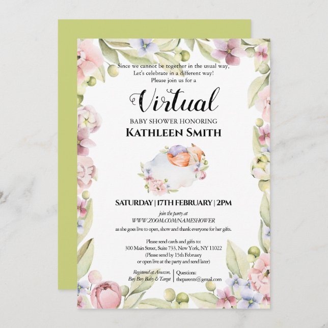 Invitation Girl Fox Elegant Floral Green Douche virtuelle (Devant / Derrière)