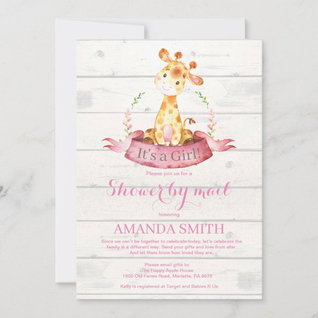 Invitation Girl Giraffe Baby shower par courrier (Devant)