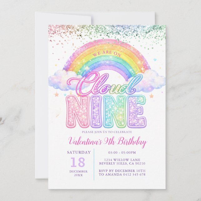 Invitation Girl Glitter Rainbow Pastel Cloud Nine Birthday (Devant)