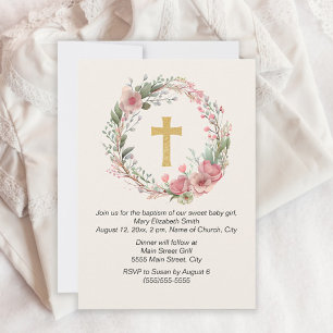 Invitation Girl Gold Cross rose Floral Baptême religieux