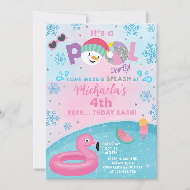 Invitation Girl indoor winter pool party birthday invitation. (Devant)