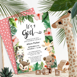 Invitation Girl Jungle Safari Baby shower tropical de verdure