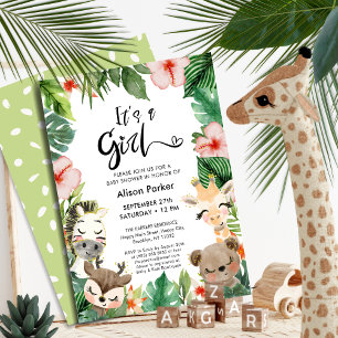 Invitation Girl Jungle Safari Baby shower tropical de verdure