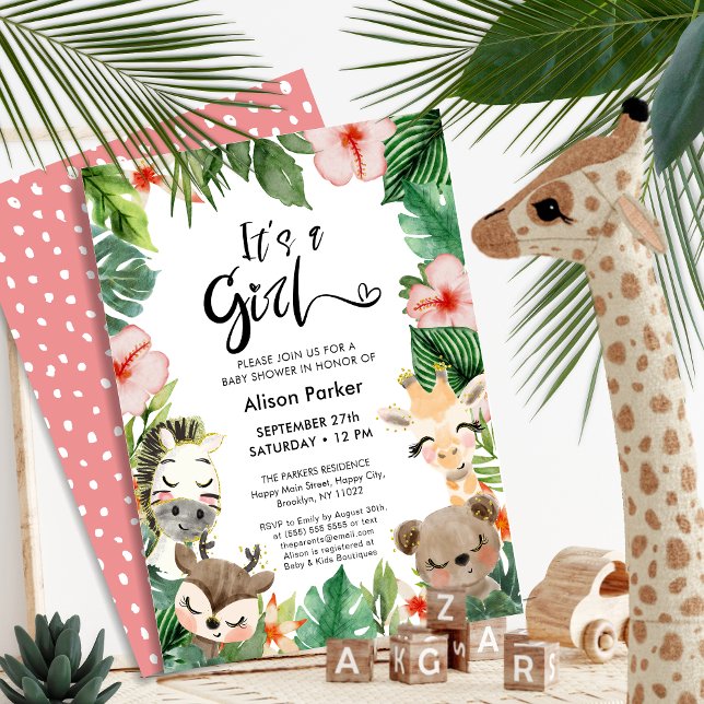 Invitation Girl Jungle Safari Baby shower tropical de verdure (Créateur téléchargé)