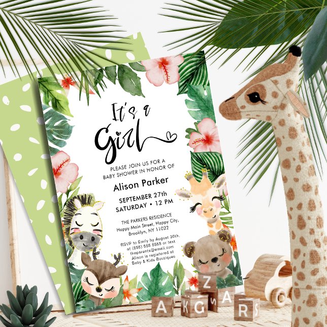 Invitation Girl Jungle Safari Baby shower tropical de verdure (Créateur téléchargé)