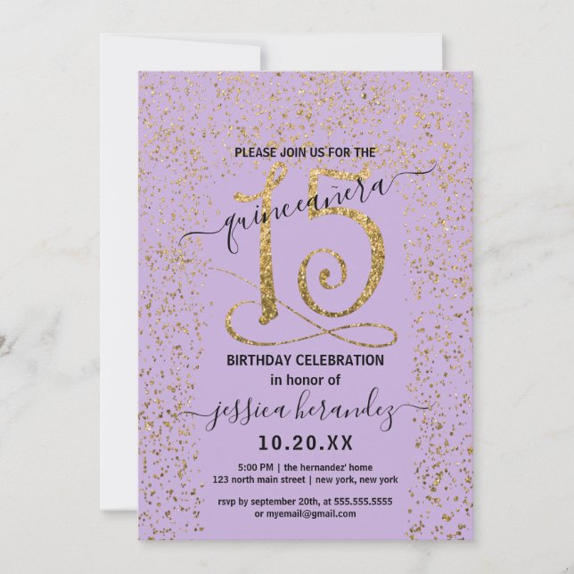 Invitation Girl Lavender Gold Confetti Frontière Quinceañera (Devant)