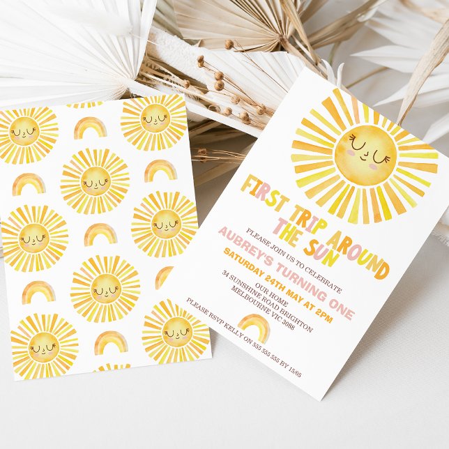 Invitation Girl Orange Premier voyage autour du soleil 1er an (Girls First Trip Around The Sun 1st Birthday Invitation Template, Rainbow Smiling Sun, Trip Themed)