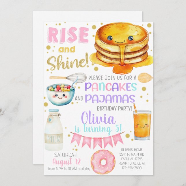 Invitation Girl pancakes and pajama birthday party invite. (Devant / Derrière)