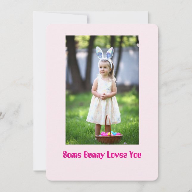 Invitation Girl Photo in Garden, Pink Easter Greeting Card (Devant)