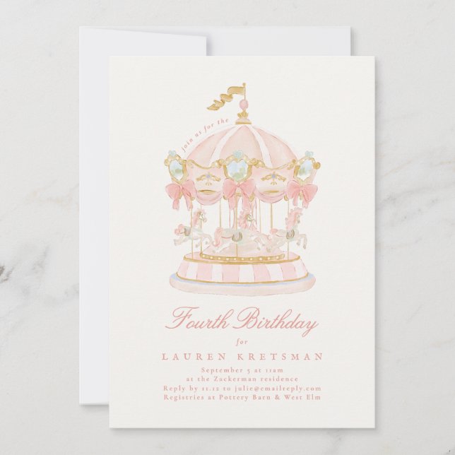 Invitation Girl Pink Fairytale Merry-Go-Round Birthday Party (Devant)