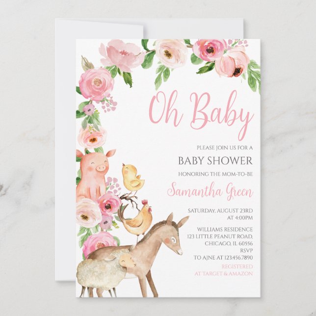 Invitation Girl Pink Farm Baby Shower (Devant)