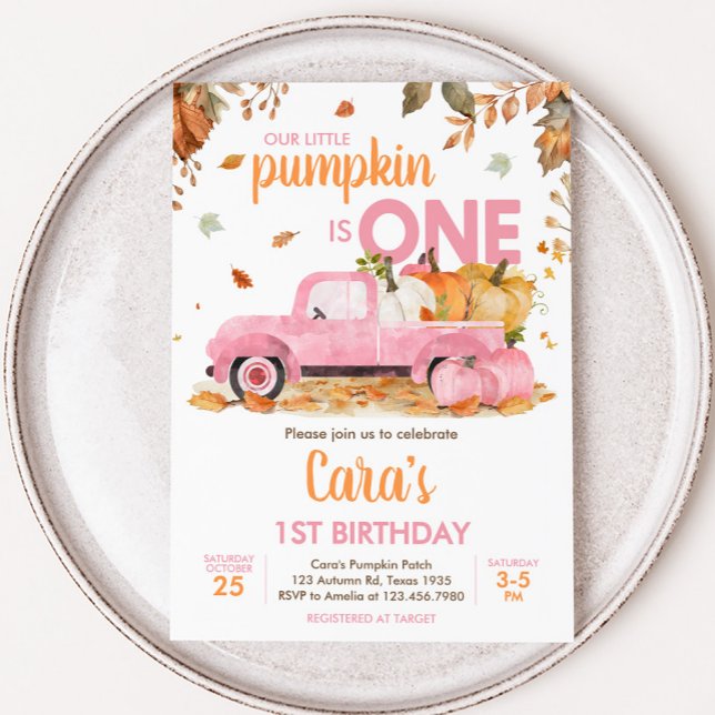 Invitation Girl Pink Pumpkin Truck Fall Birthday  (Pink Pumpkin Truck Fall Birthday Invitation)
