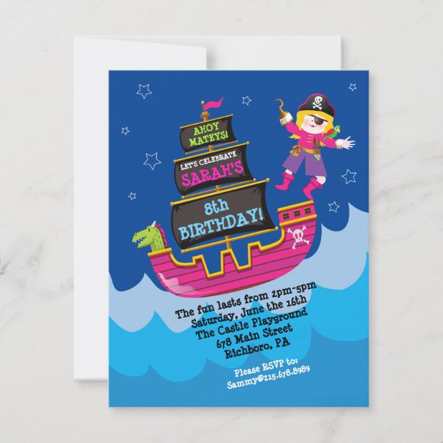 Invitation Girl Pirate Dragon Ship Anniversaire Fête Invitati (Devant)