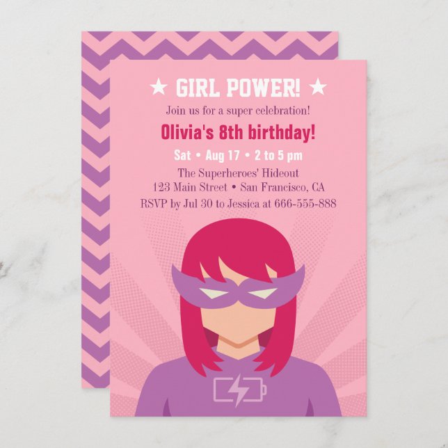 Invitation Girl Power Superhero fête d'anniversaire Bash (Devant / Derrière)