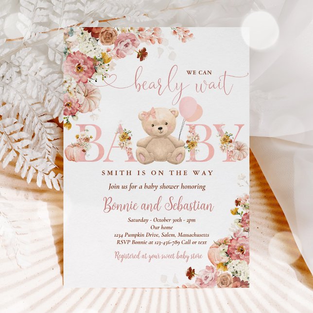 Invitation Girl Pumpkin Teddy Bear Floral Fall Baby Shower (Créateur téléchargé)