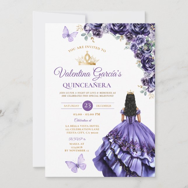 Invitation Girl Purple Dress Quinceañera 15 Anos Flowers Gold (Devant)