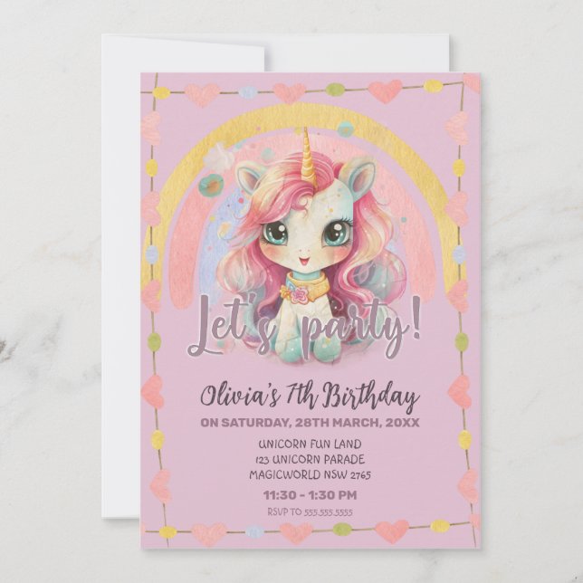 Invitation Girl Rainbow Pastel Lilac Kawaii Unicorn Anniversa (Devant)