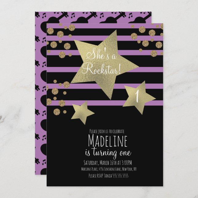 Invitation Girl Rockstar Guitar Faux Gold Star Anniversaire (Devant / Derrière)