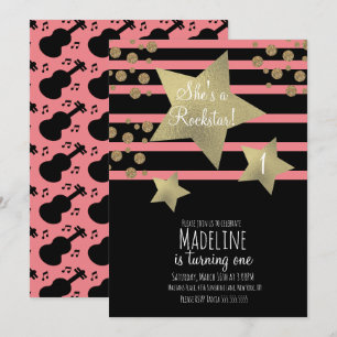 Invitation Girl Rockstar Guitar Faux Gold Star Anniversaire