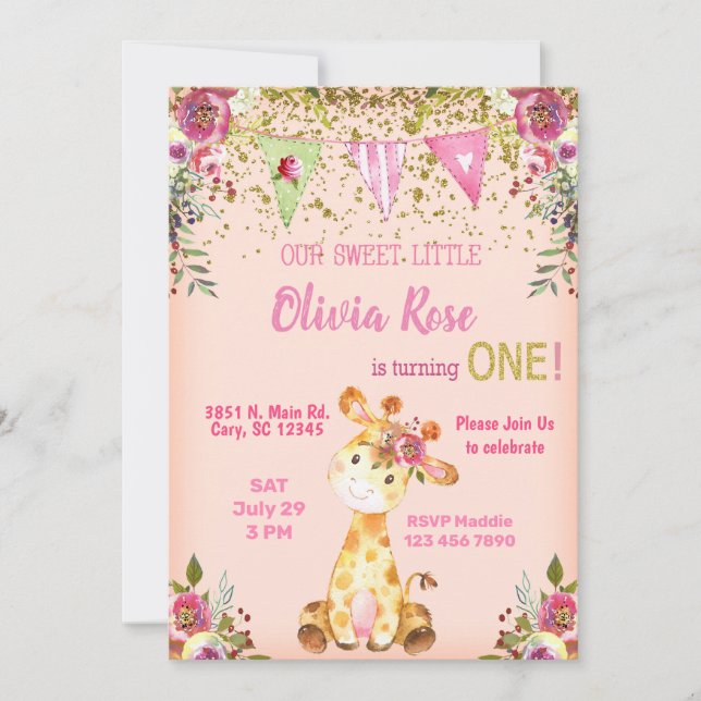 Invitation Girl rose girafe 1er anniversaire invitation. (Devant)