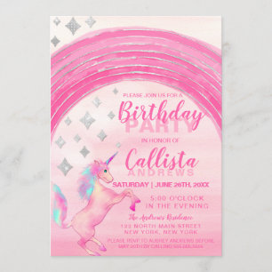 Invitation Girl rose Unicorn Rainbow Watercolor Anniversaire