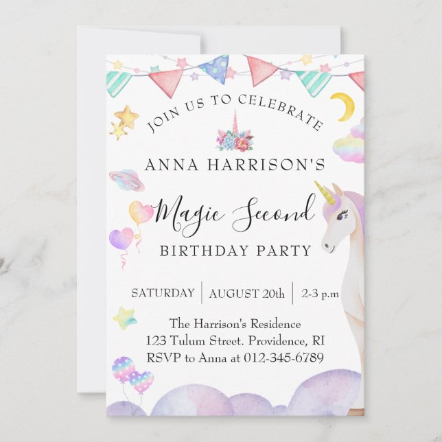 Invitation Girl Second Birthday Party Magic Unicorn (Devant)