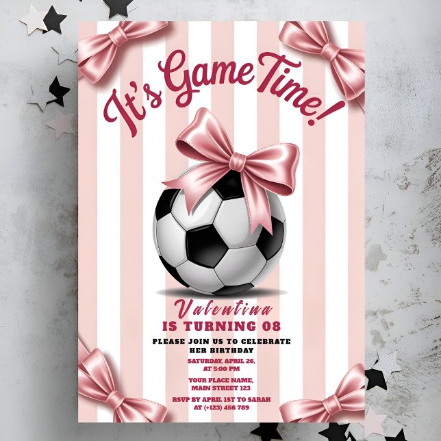 Invitation Girl Soccer Game Time Pink Bow Birthday (Créateur téléchargé)
