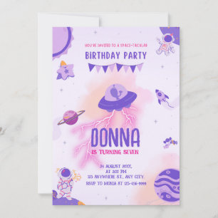 Invitation Girl Space Adventure Purple Rose Anniversaire
