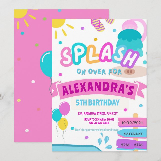 Invitation Girl Splash Pad Party Water Park rose Anniversaire (Devant / Derrière)