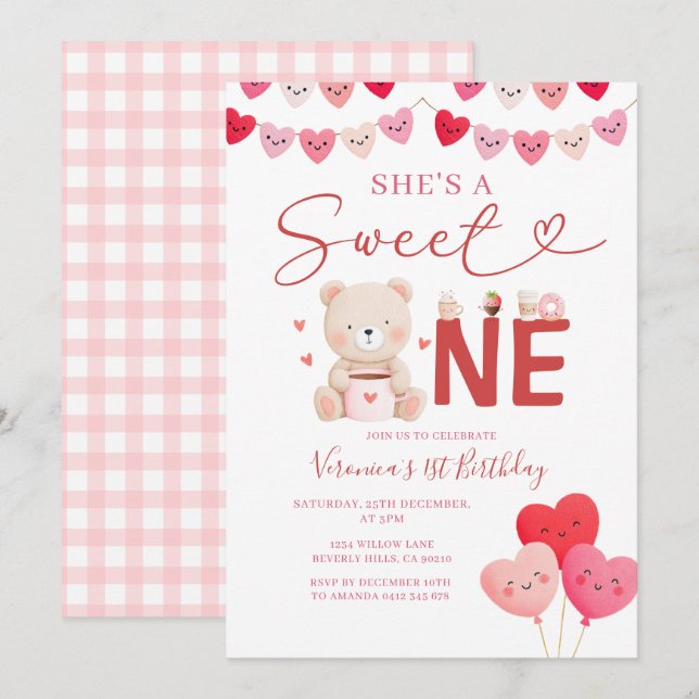 Invitation Girl Sweet One Bear Valentine Birthday Gift Party (Devant / Derrière)
