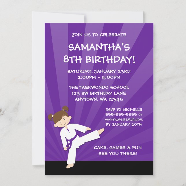 Invitation Girl Taekwondo Karate Purple Belt Anniversaire (Devant)