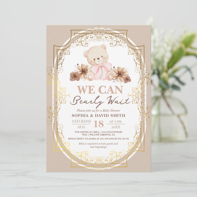 Invitation Girl Teddy Bear Bohemian Baby Shower  (Debout devant)