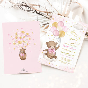 Invitation Girl Teddy Bear Pink Gold Balloons 1er anniversair