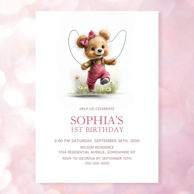 Invitation Girl Teddy Bear Playing Jump Rope 1st Birthday (Créateur téléchargé)