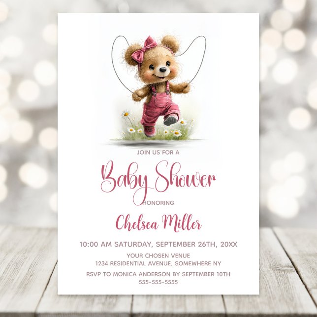 Invitation Girl Teddy Bear Playing Jump Rope Baby Shower (Créateur téléchargé)