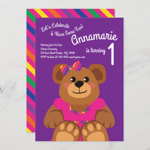 Invitation Girl Teddy Bear Rainbow 1st Birthday Cute